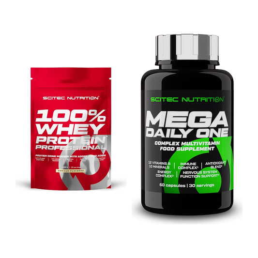 Basis-Set: Scitec 100% Whey Protein + Scitec Mega Daily One Plus – alle enthaltenen Artikel