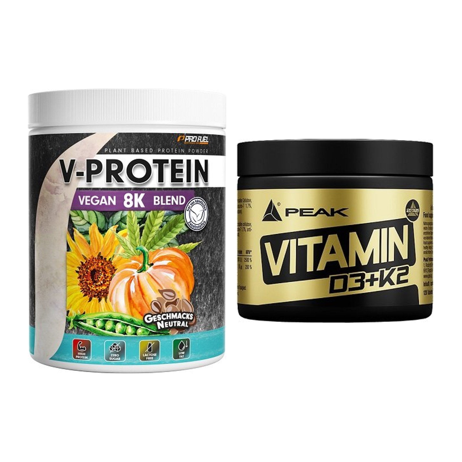 Basis-Set: ProFuel V-Protein Vegan 8K + Peak Vitamin D3+K2 120 Tabl. – alle enthaltenen Artikel