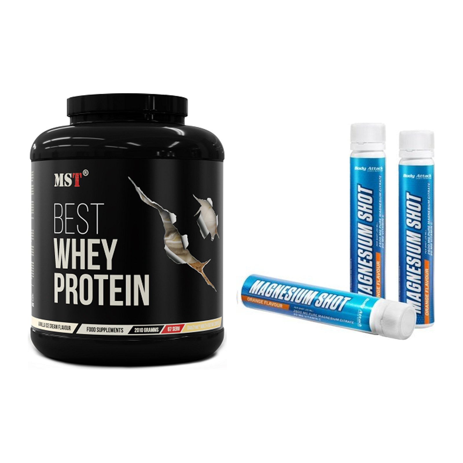 Basis-Set: MST Best Whey Protein + Body Attack Magnesium Shots – alle enthaltenen Artikel