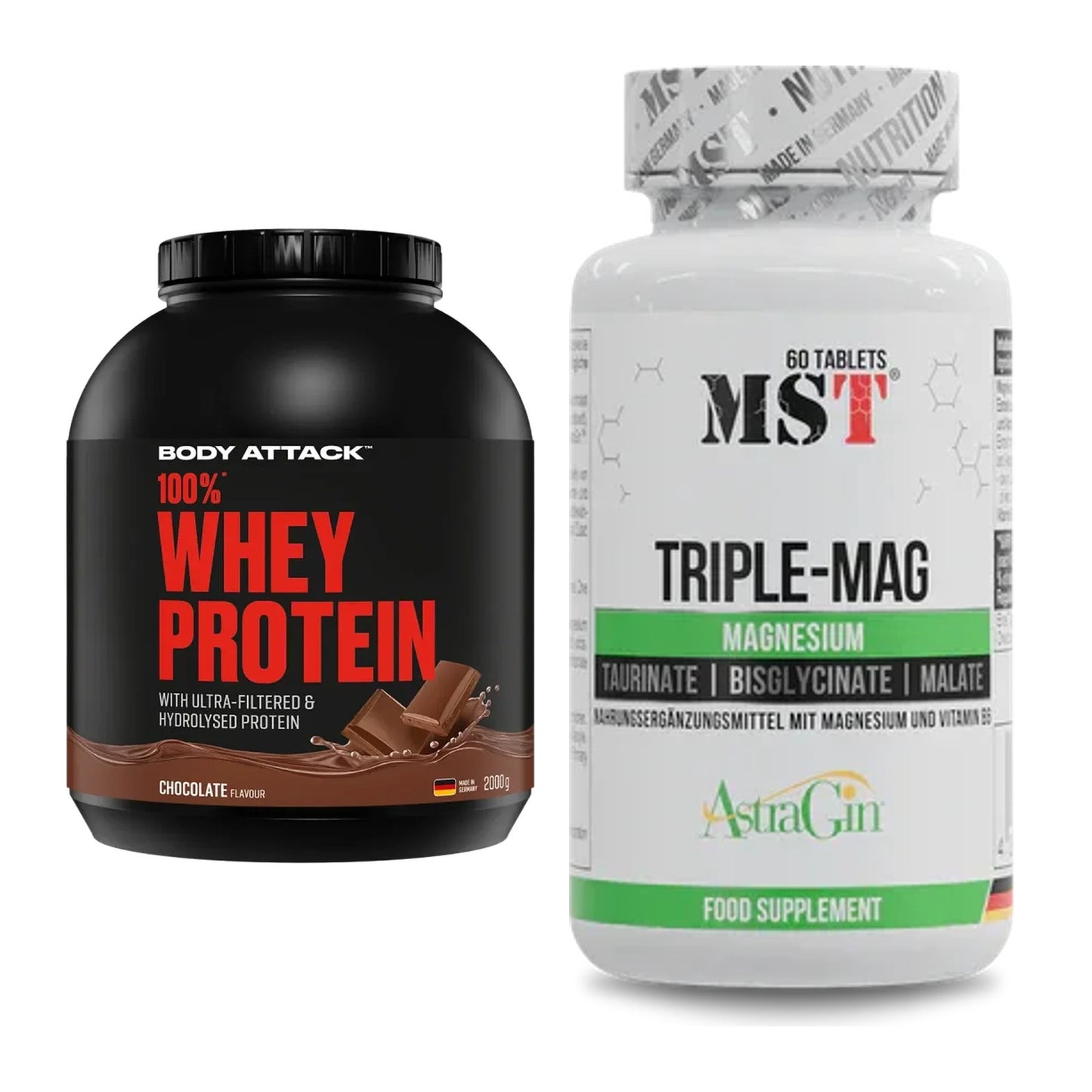 Basis-Set: Body Attack 100% Whey Protein + MST Tripple Mag – alle enthaltenen Artikel
