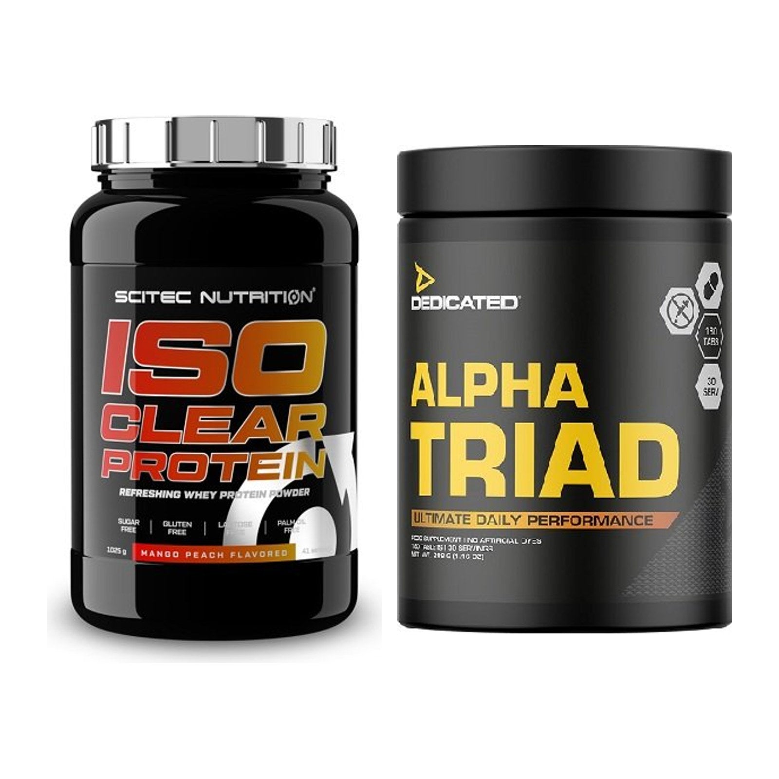 Basis-Set: Scitec IsoClear Protein + Dedicated Alpha Triad 180 Tabl. – alle enthaltenen Artikel