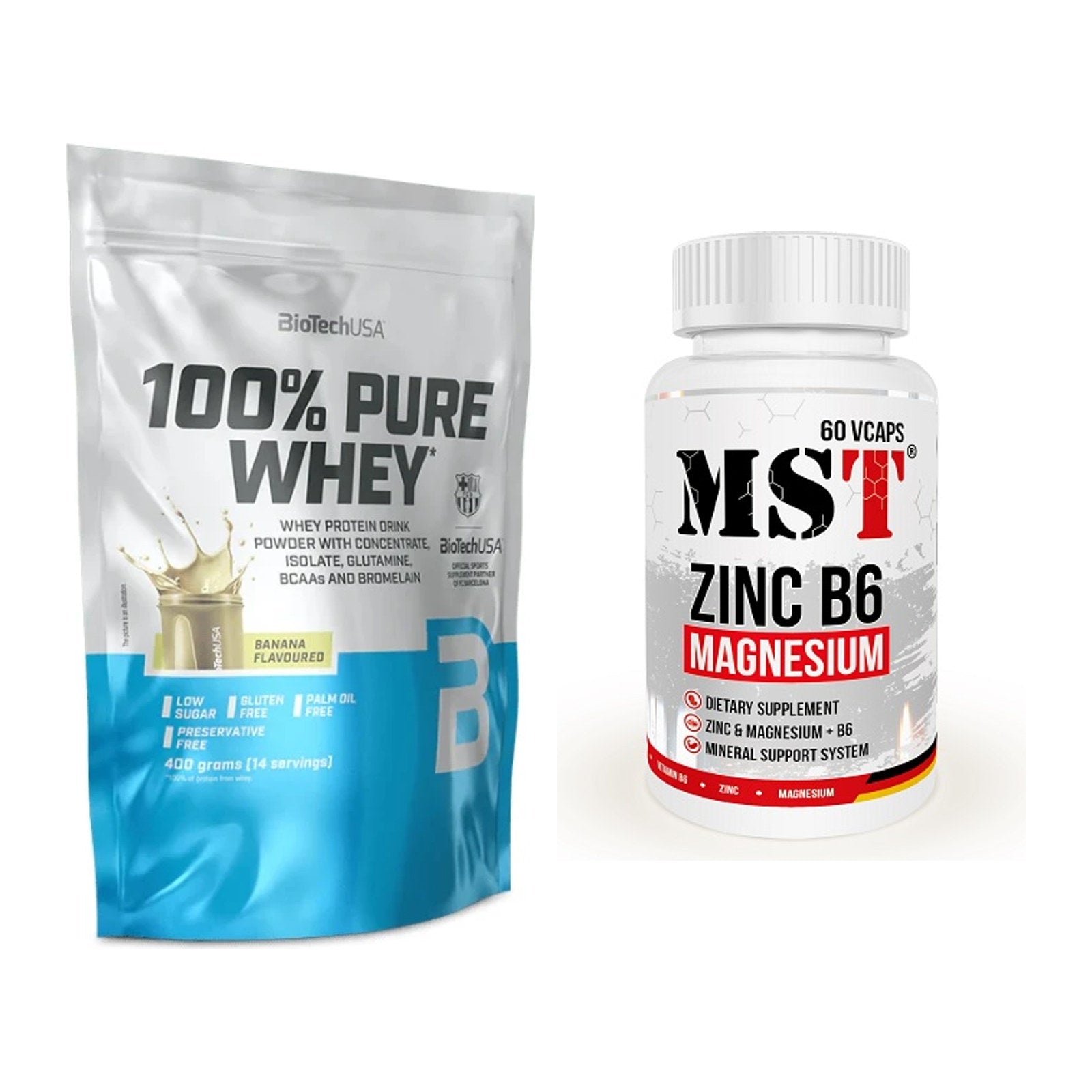 Basis-Set: BioTech 100% Pure Whey + MST Zinc + Magnesium + B6 60 – alle enthaltenen Artikel