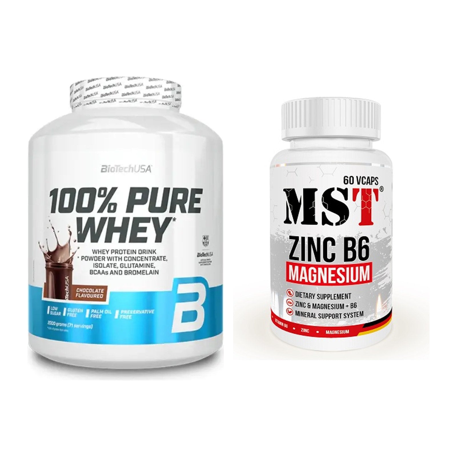 Basis-Set: BioTech 100% Pure Whey + MST Zinc + Magnesium + B6 60 – alle enthaltenen Artikel