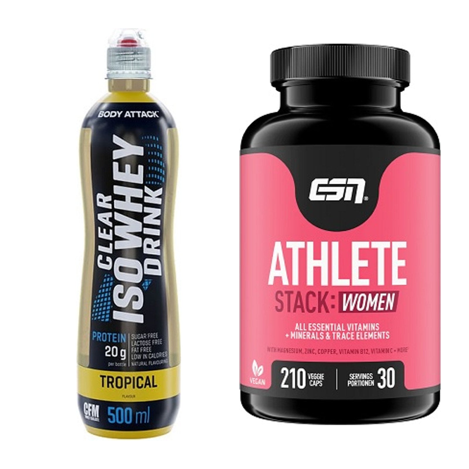Basis-Set: Body Attack Clear Iso Whey Drink + ESN Athlete Stack:WOMEN – alle enthaltenen Artikel