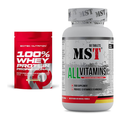 Basis-Set: Scitec 100% Whey Protein + MST All Vitamins 60 Pillen – alle enthaltenen Artikel