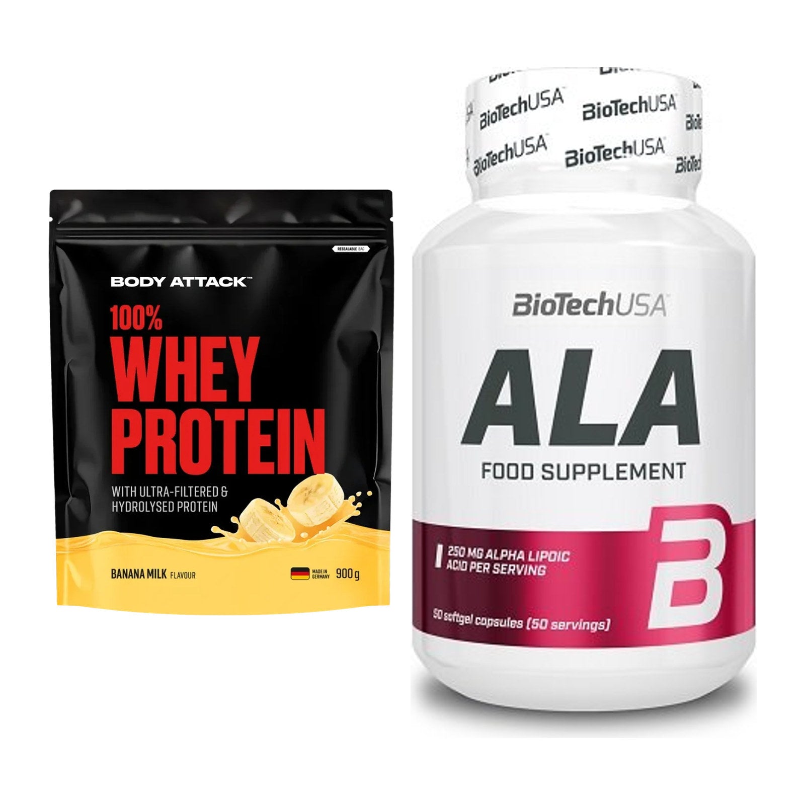 Basis-Set: Body Attack 100% Whey + BioTech ALA alpha lipoic – alle enthaltenen Artikel