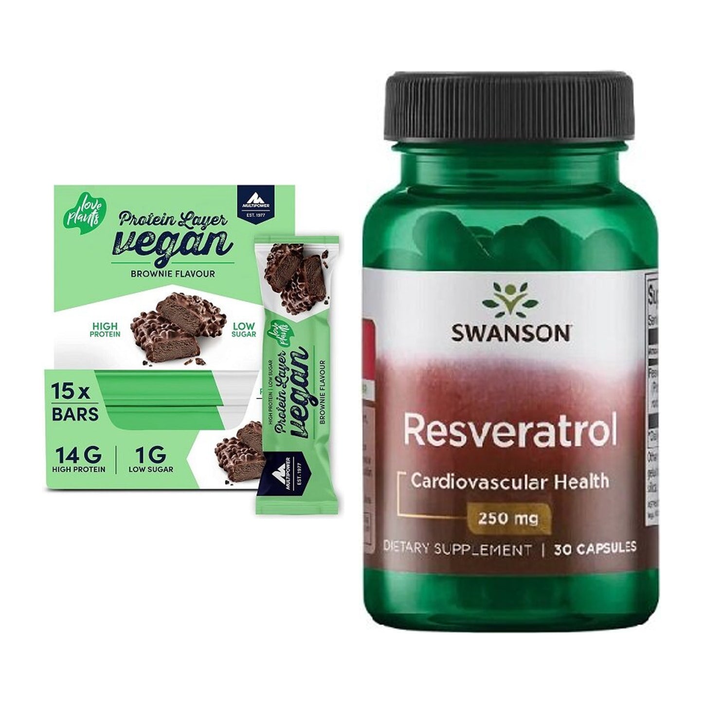 Basis-Set: Multipower Vegan Protein Layer Bar + Swanson Resveratrol – alle enthaltenen Artikel