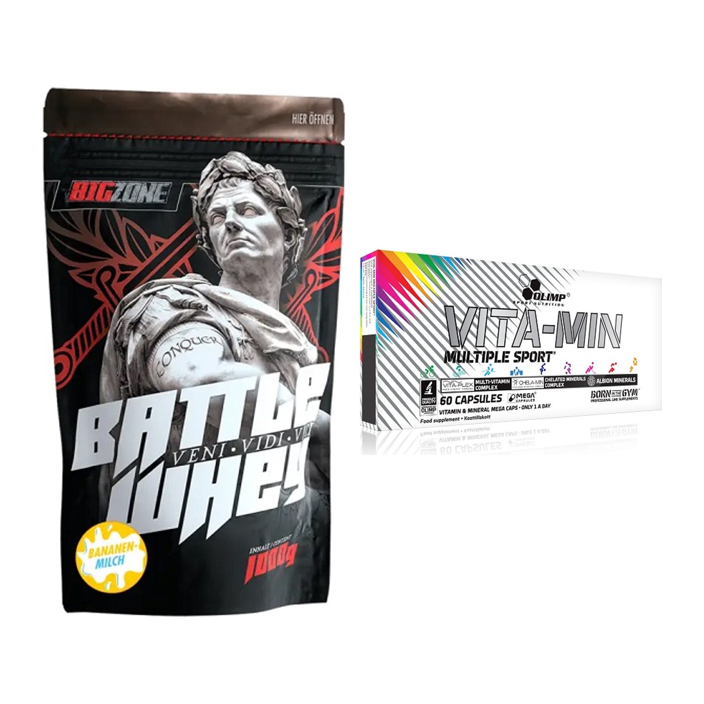 Basis-Set: Big Zone Battle Whey + Olimp Vita-Min Multiple Sport – alle enthaltenen Artikel