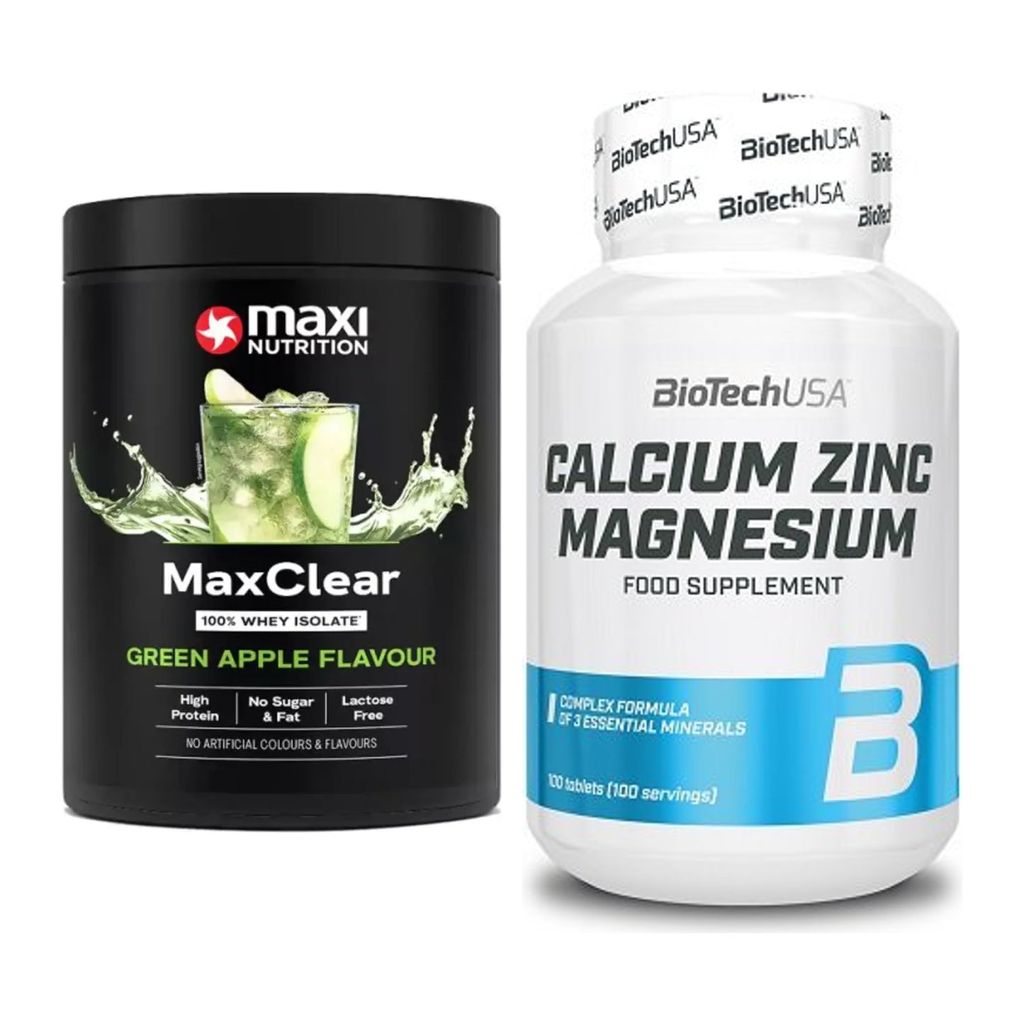Basis-Set: MaxiNutrition MaxClear 100% + BioTech Calcium Zinc – alle enthaltenen Artikel