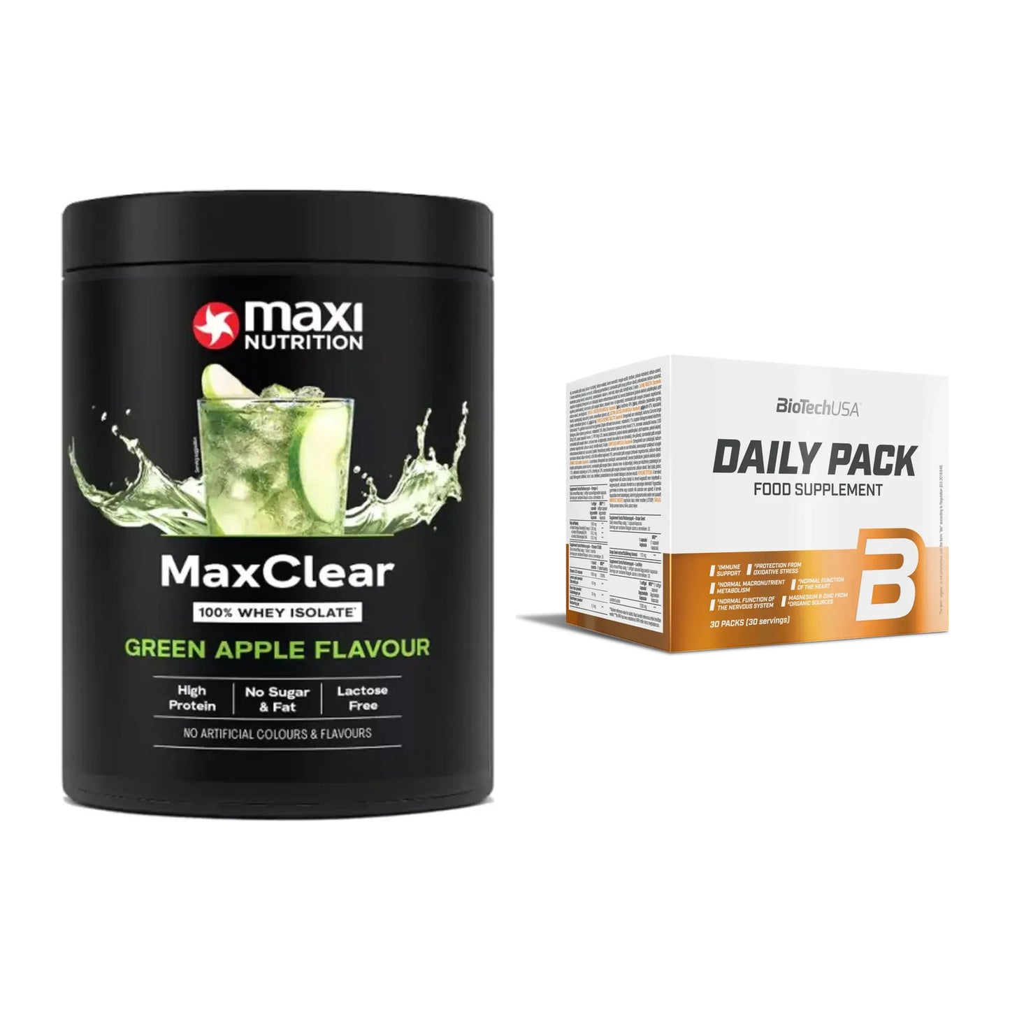 Basis-Set: MaxiNutrition MaxClear 100% + BioTech Daily Packs 30 Packs – alle enthaltenen Artikel