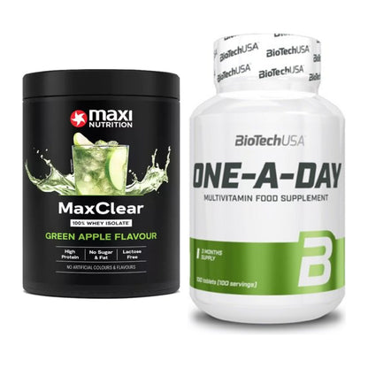 Basis-Set: MaxiNutrition MaxClear 100% + BioTech One A Day 100 Tabl. – alle enthaltenen Artikel
