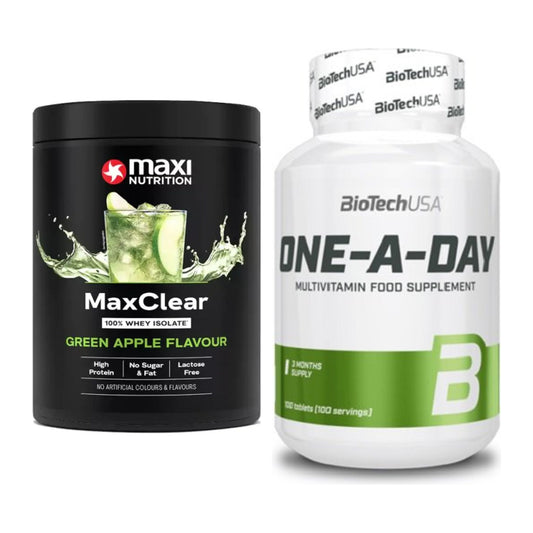 Basis-Set: MaxiNutrition MaxClear 100% + BioTech One A Day 100 Tabl. – alle enthaltenen Artikel