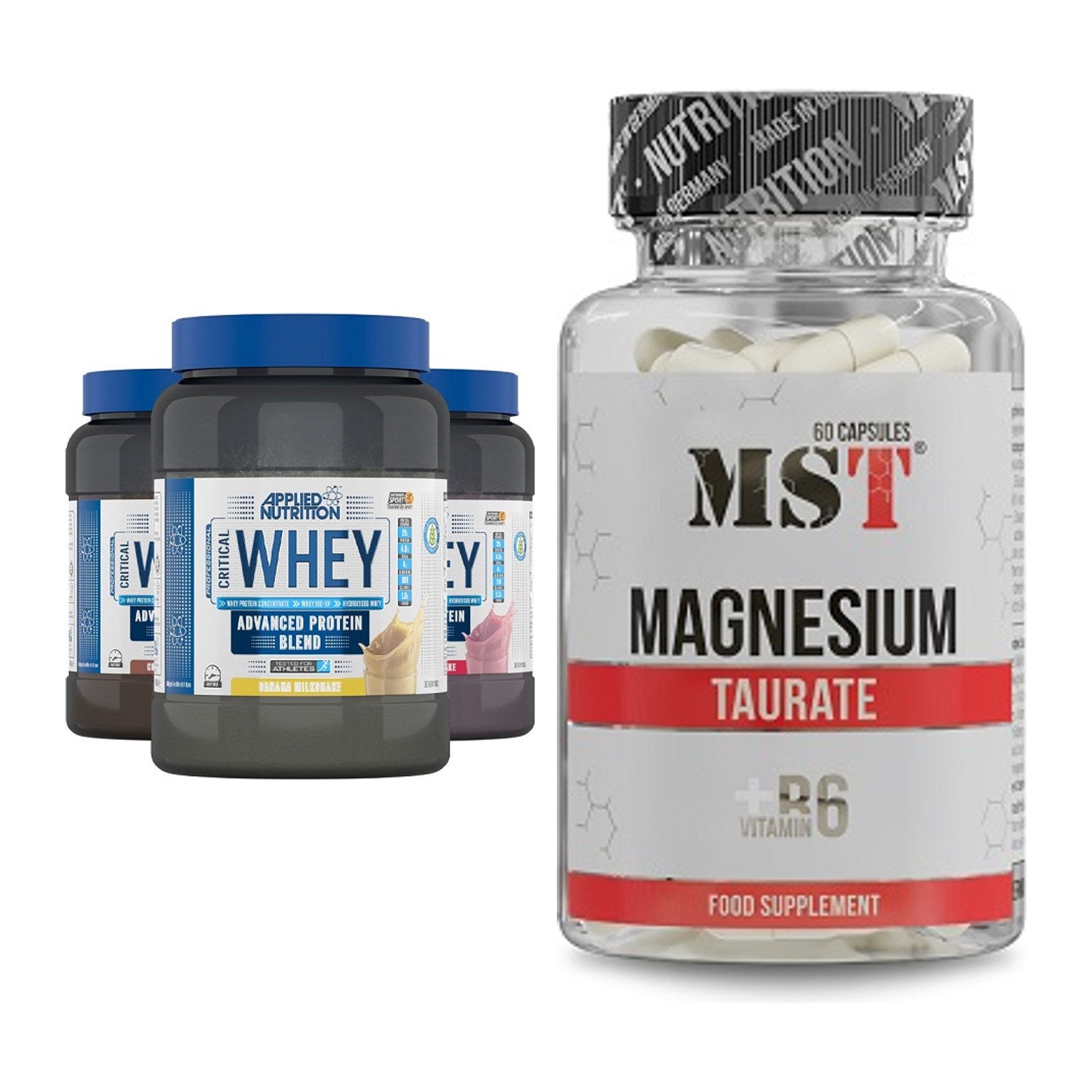Basis-Set: Applied Nutrition Critical Whey + MST Magnesium Taurat – alle enthaltenen Artikel