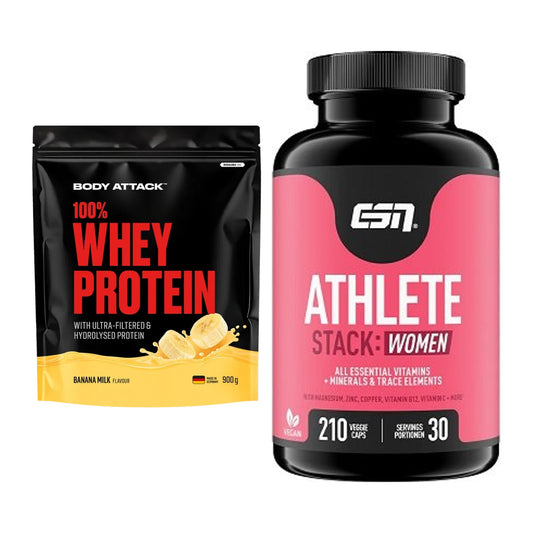Basis-Set: Body Attack 100% Whey Protein + ESN Athlete Stack:WOMEN – alle enthaltenen Artikel