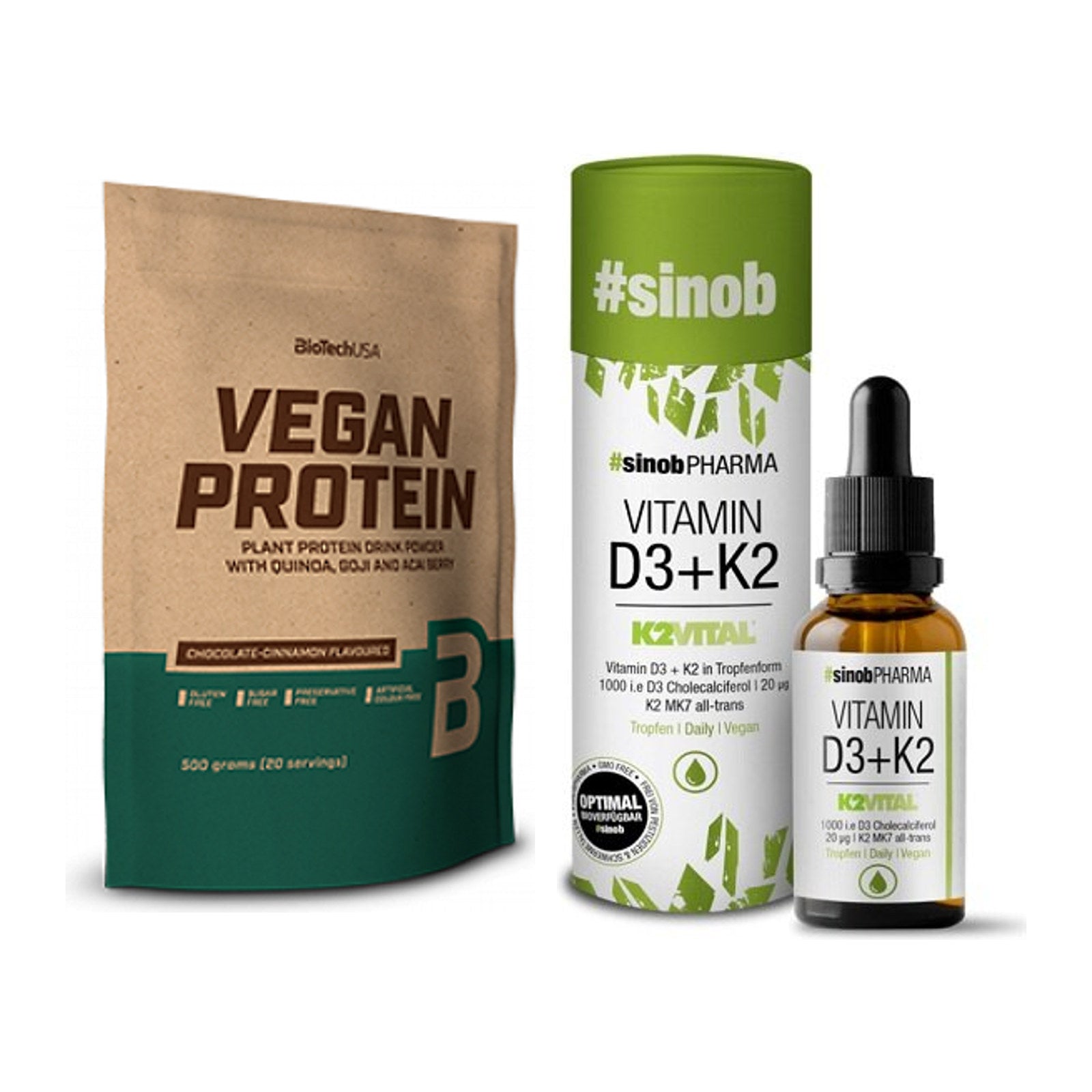 Basis-Set: BioTech Vegan Protein + Sinob Vitamin D3 + K2 Tropfen – alle enthaltenen Artikel