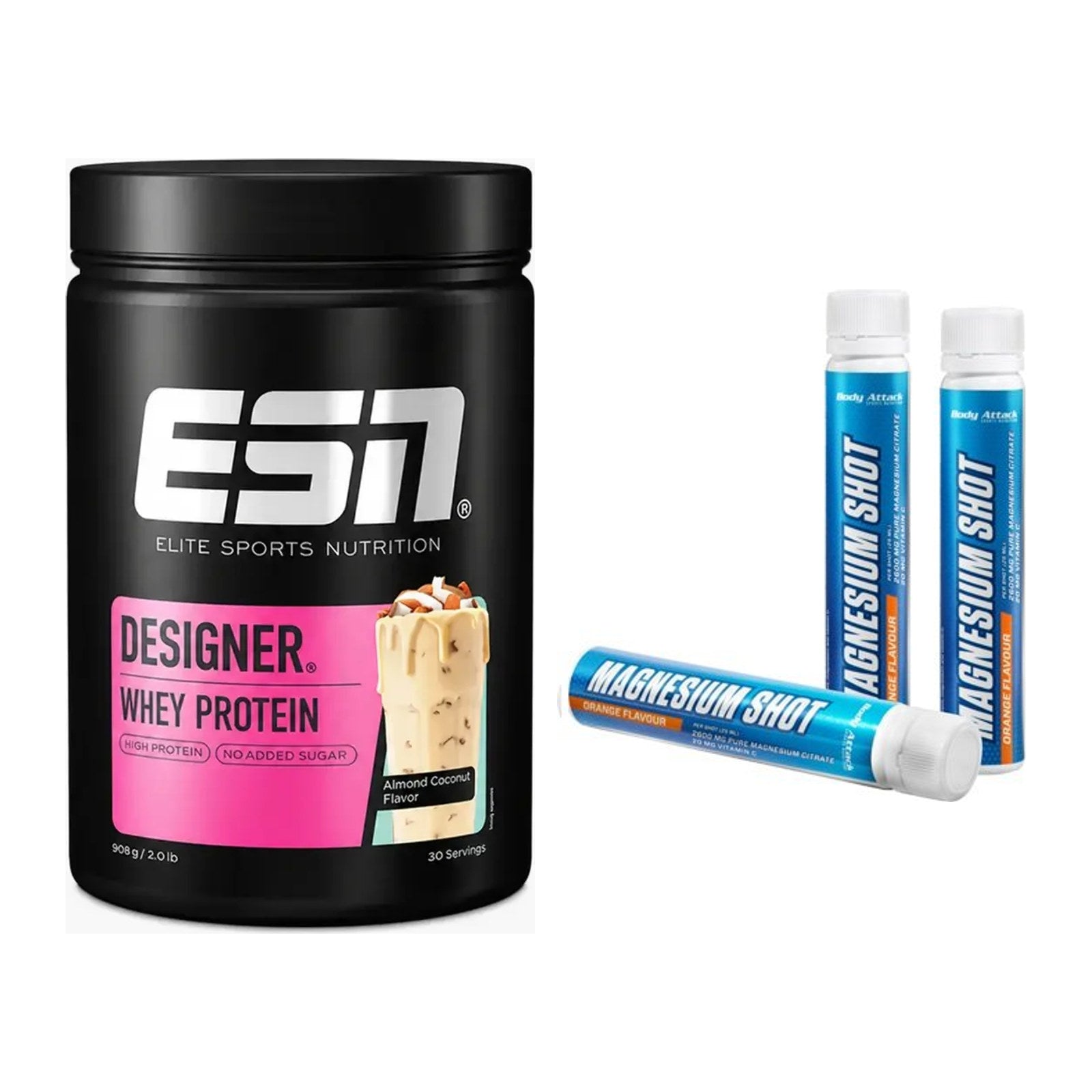 Basis-Set: ESN Designer Whey + Body Attack Magnesium Shots – alle enthaltenen Artikel