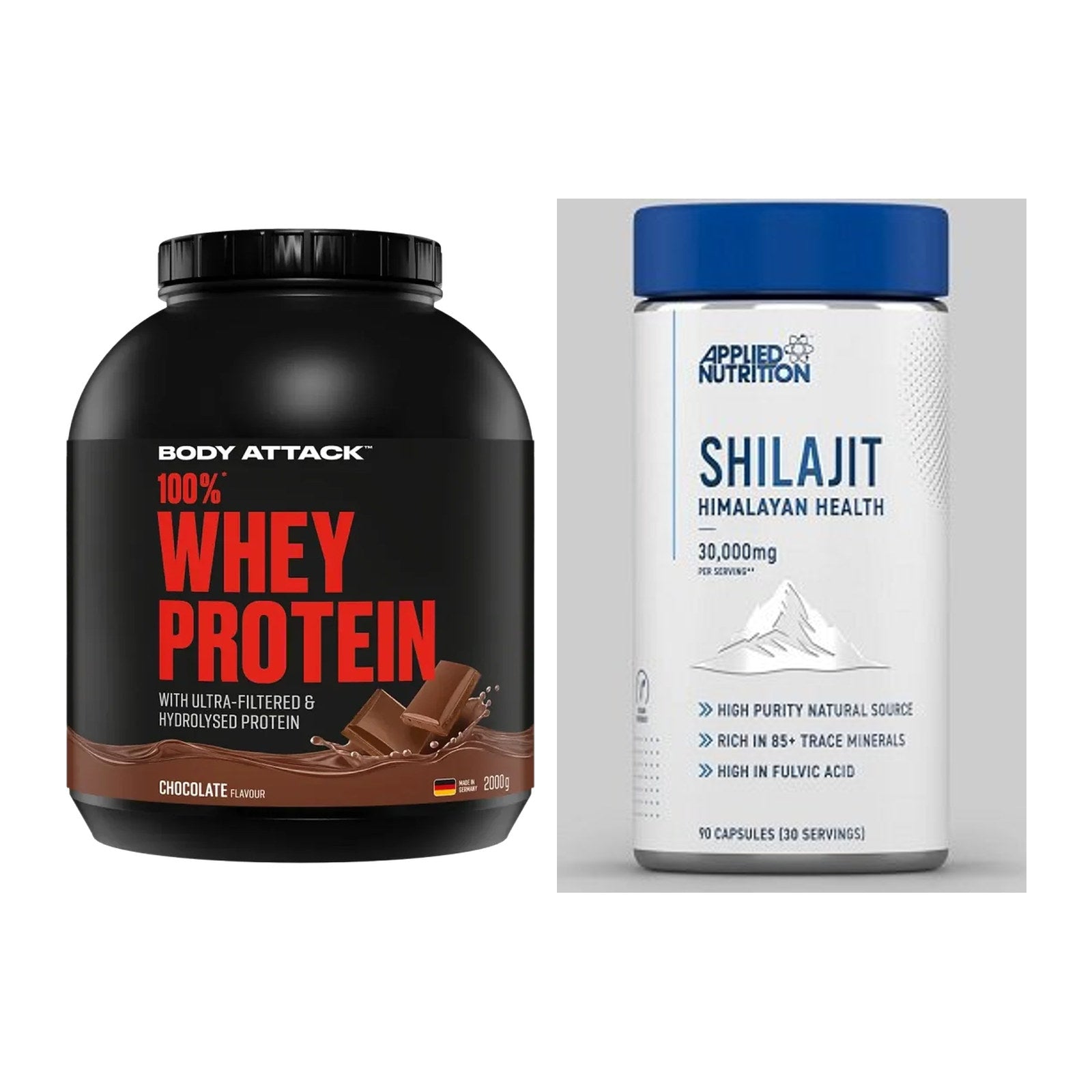 Basis-Set: Body Attack 100% Whey Protein + Applied Nutrition Shilajit – alle enthaltenen Artikel