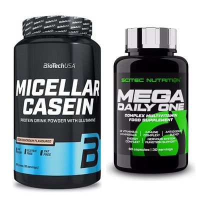 Basis-Set: BioTech Micellar Casein + Scitec Mega Daily One Plus – alle enthaltenen Artikel