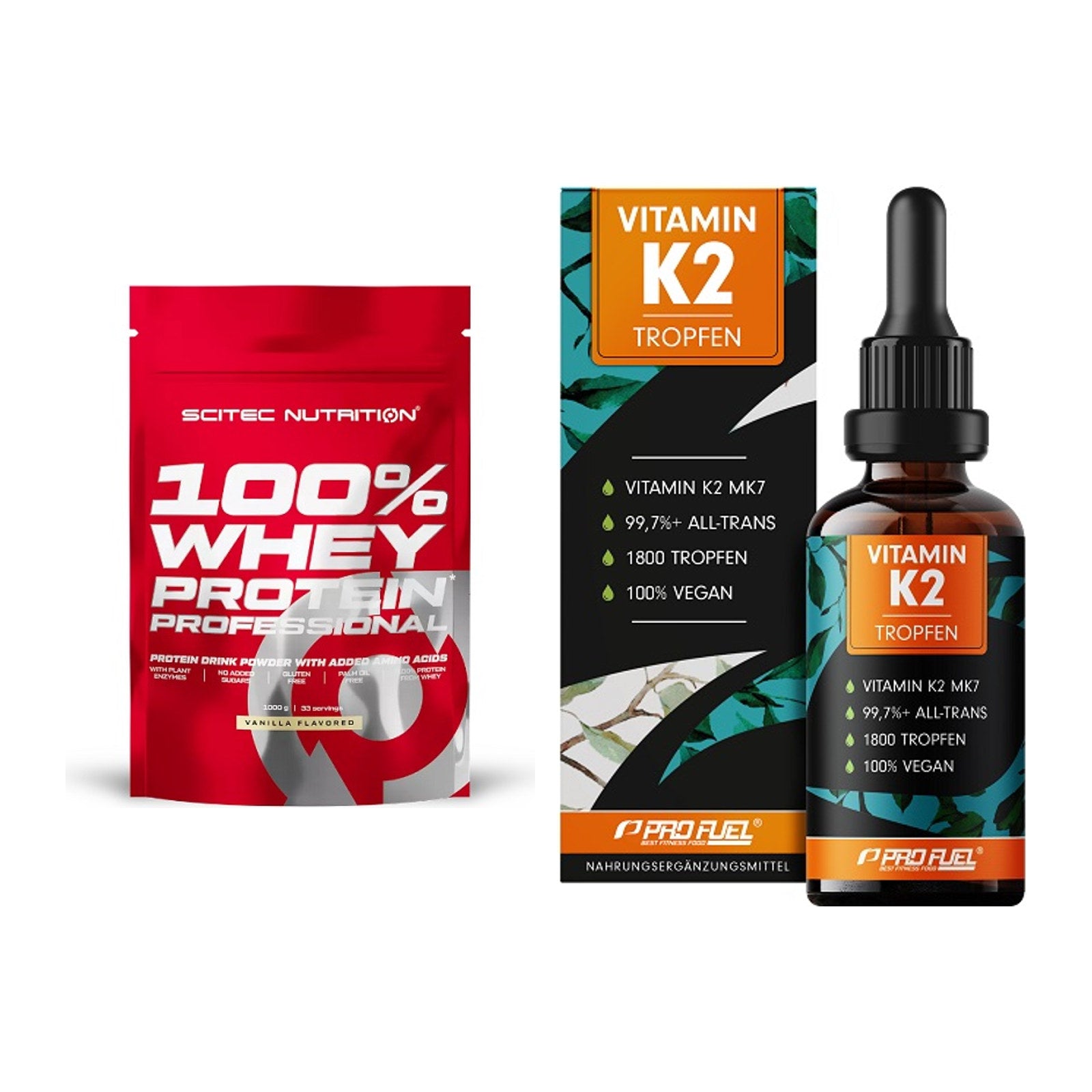 Basis-Set: Scitec 100% Whey Protein + ProFuel Vitamin K2 (1800 – alle enthaltenen Artikel