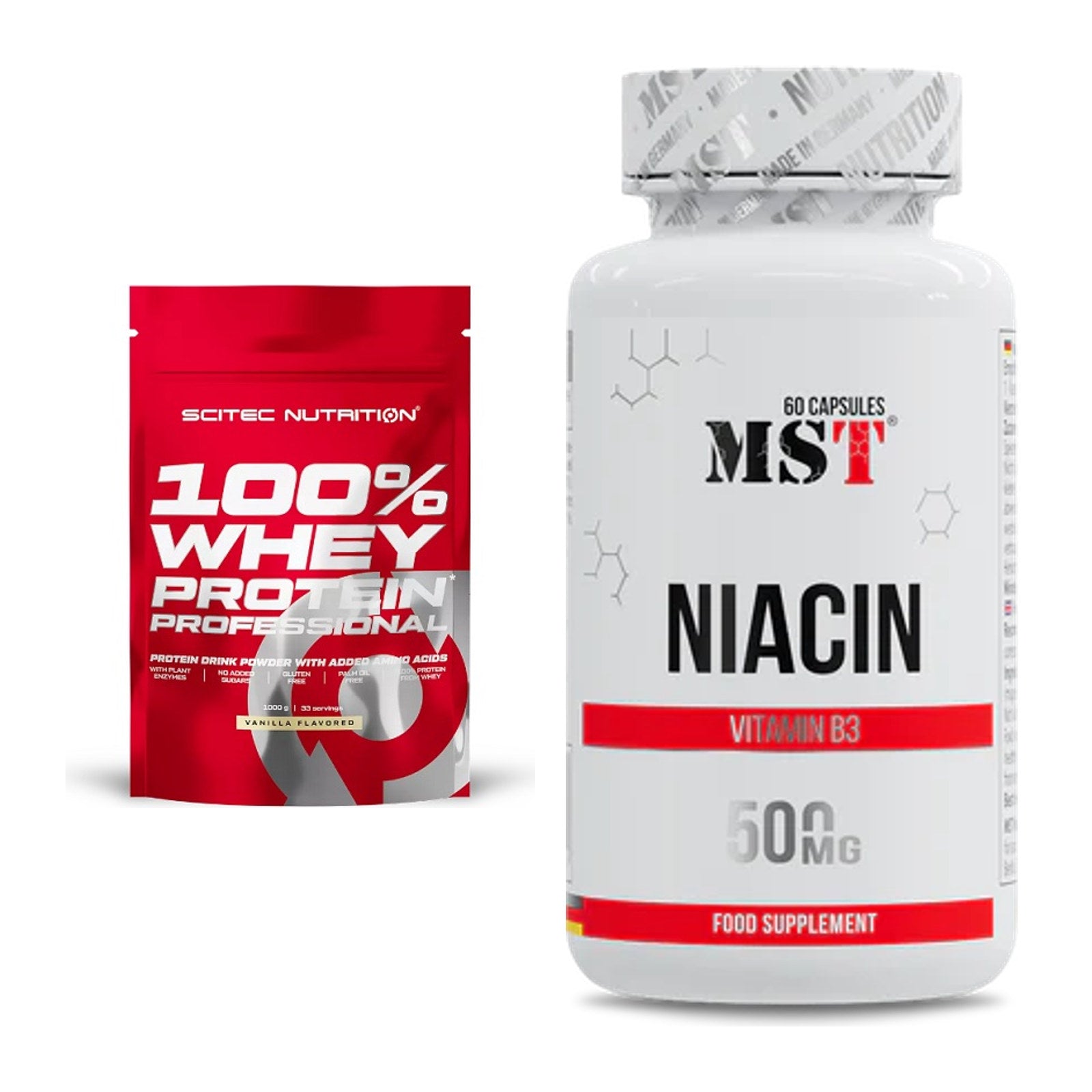 Basis-Set: Scitec 100% Whey Protein + MST Niacin – alle enthaltenen Artikel