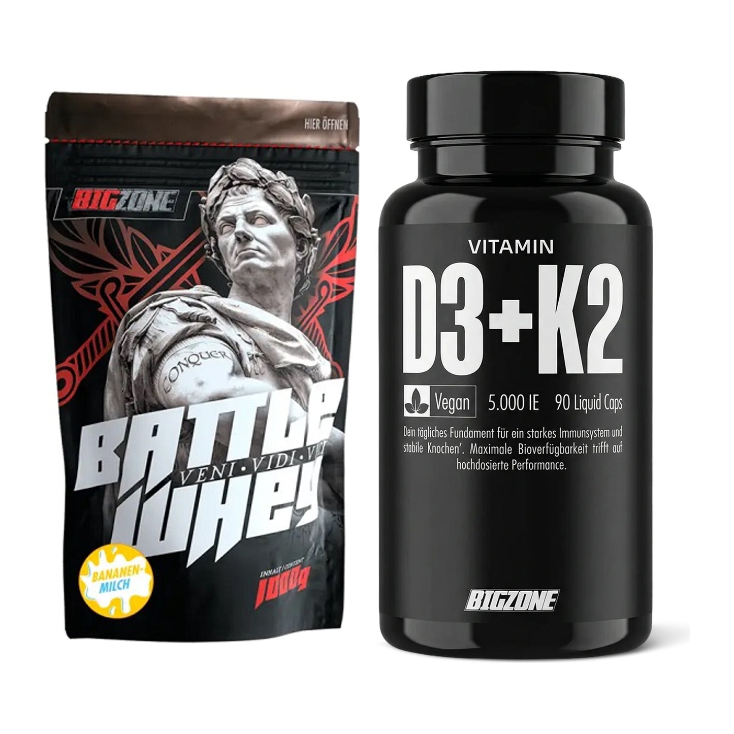Basis-Set: Big Zone Battle Whey + Big Zone Vitamin D3 + K2 – alle enthaltenen Artikel