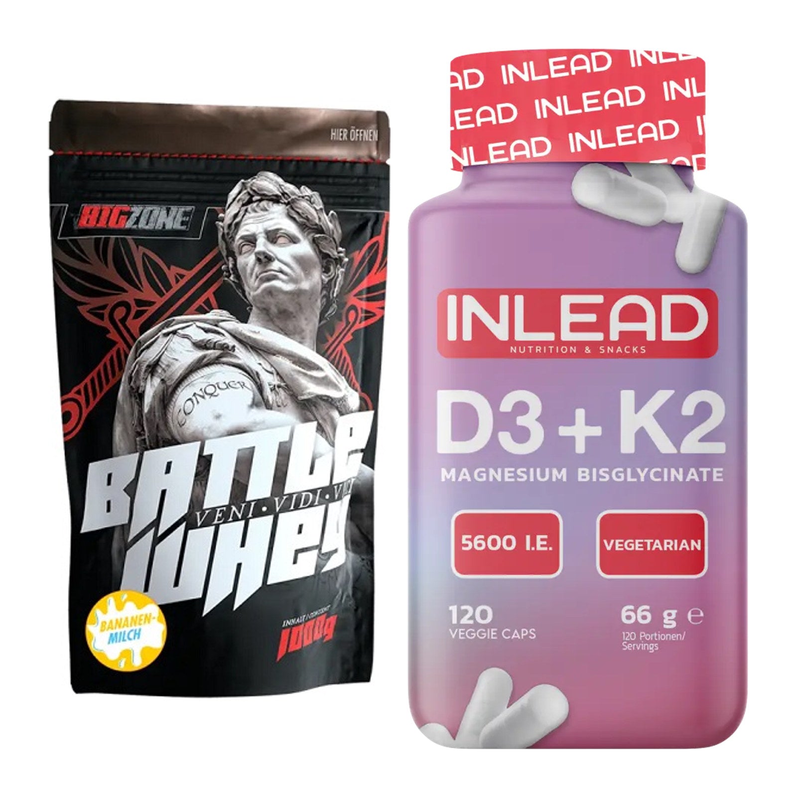 Basis-Set: Big Zone Battle Whey + INLEAD Vitamin D3 + K2 + Magnesium – alle enthaltenen Artikel