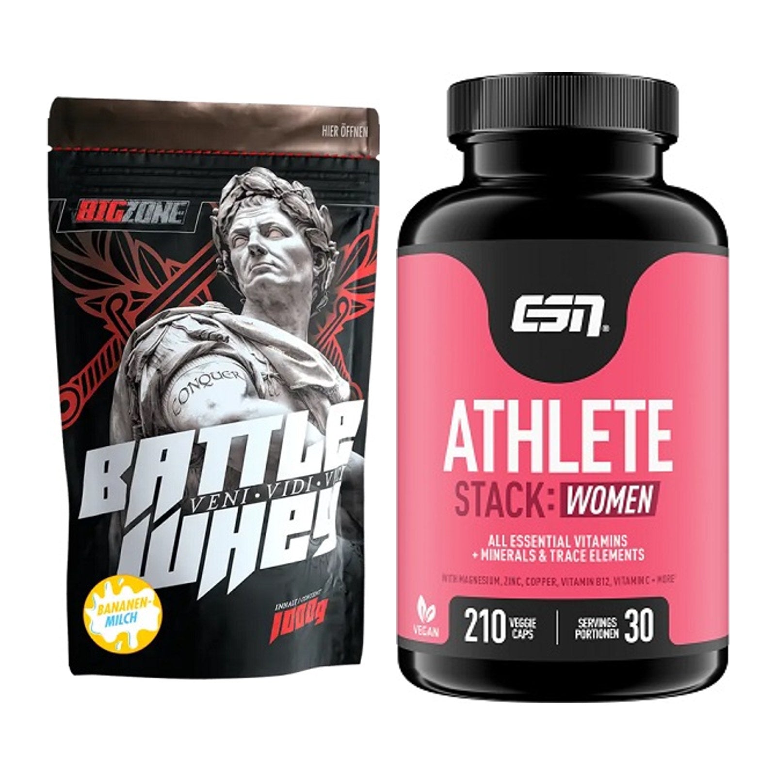 Basis-Set: Big Zone Battle Whey + ESN Athlete Stack:WOMEN – alle enthaltenen Artikel
