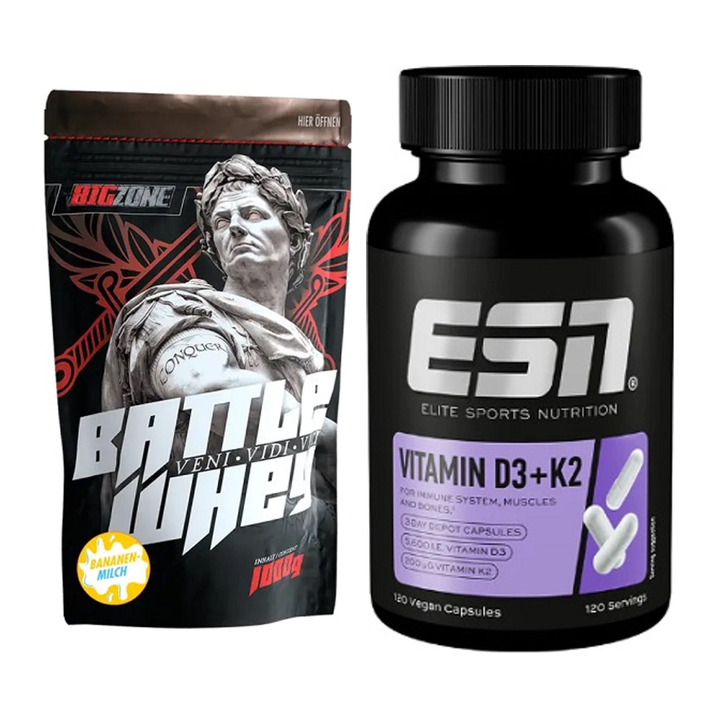 Basis-Set: Big Zone Battle Whey + ESN Vitamin D3 + K2 – alle enthaltenen Artikel