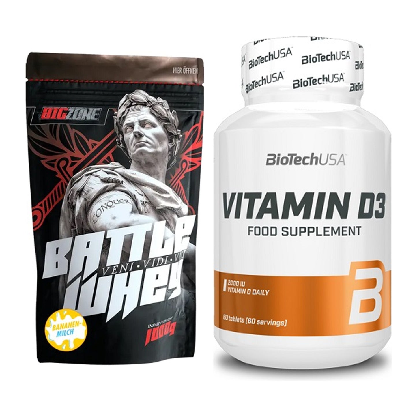 Basis-Set: Big Zone Battle Whey + BioTech Vitamin D3 – alle enthaltenen Artikel