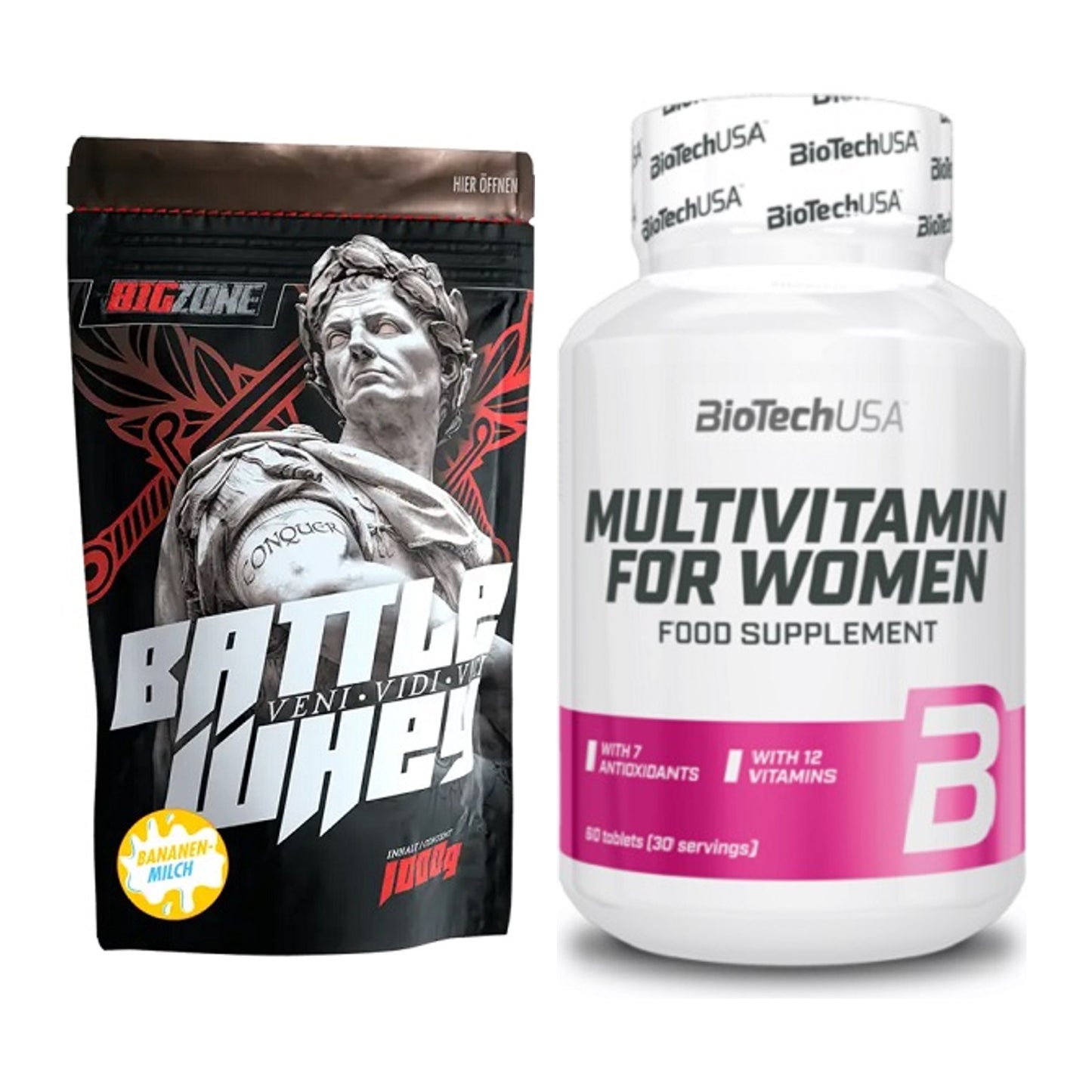 Basis-Set: Big Zone Battle Whey + BioTech Multivitamin für Frau 60 – alle enthaltenen Artikel