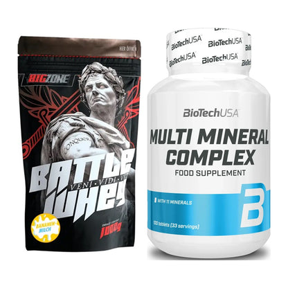 Basis-Set: Big Zone Battle Whey + BioTech Multi Mineral Complex 100 – alle enthaltenen Artikel