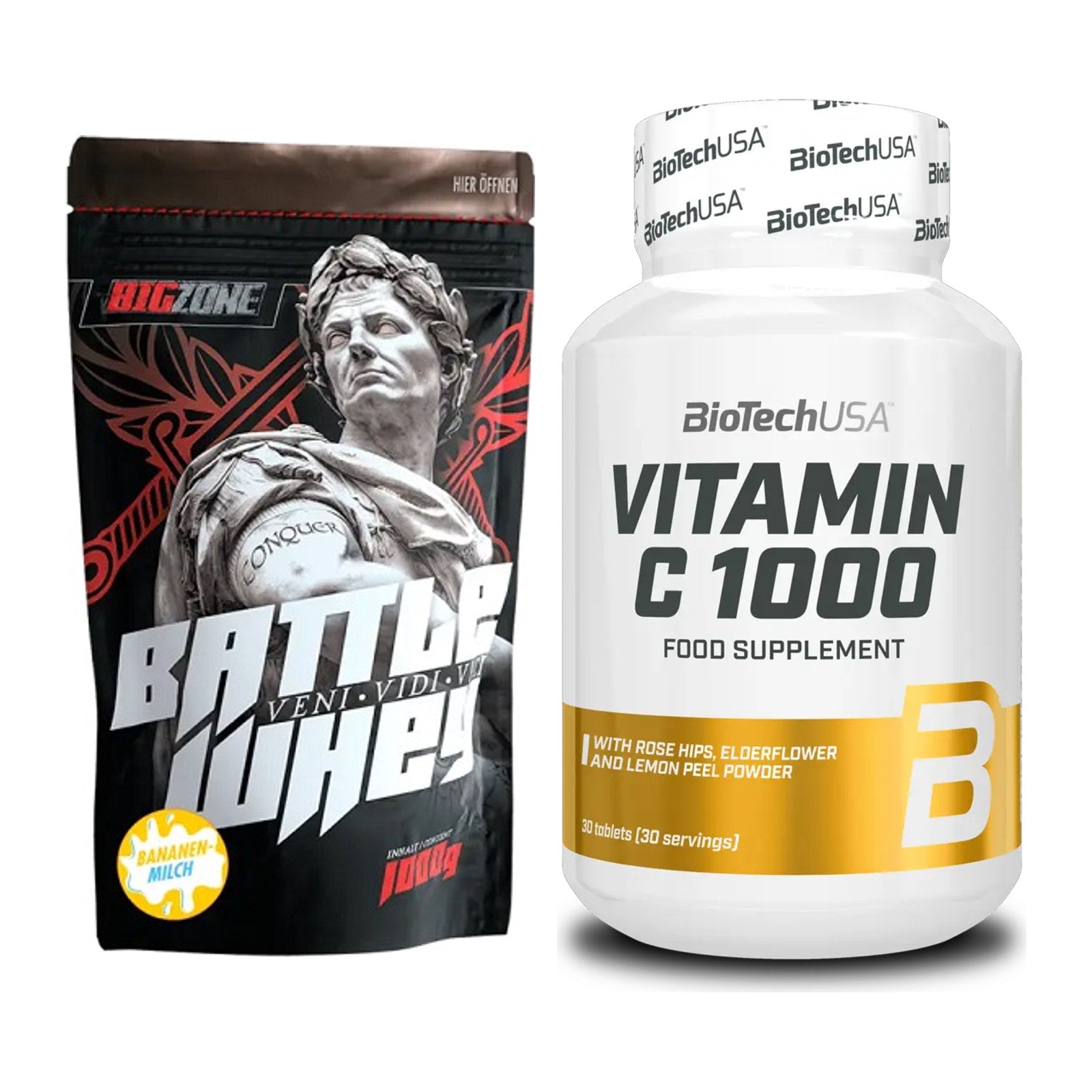 Basis-Set: Big Zone Battle Whey + BioTech Vitamin C 1000 30 Tabl. – alle enthaltenen Artikel