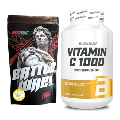 Basis-Set: Big Zone Battle Whey + BioTech Vitamin C 1000 250 Tabl. – alle enthaltenen Artikel