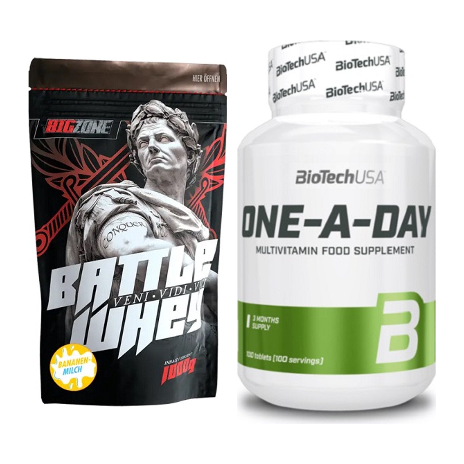 Basis-Set: Big Zone Battle Whey + BioTech One A Day 100 Tabl. – alle enthaltenen Artikel