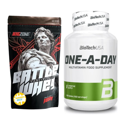 Basis-Set: Big Zone Battle Whey + BioTech One A Day 100 Tabl. – alle enthaltenen Artikel