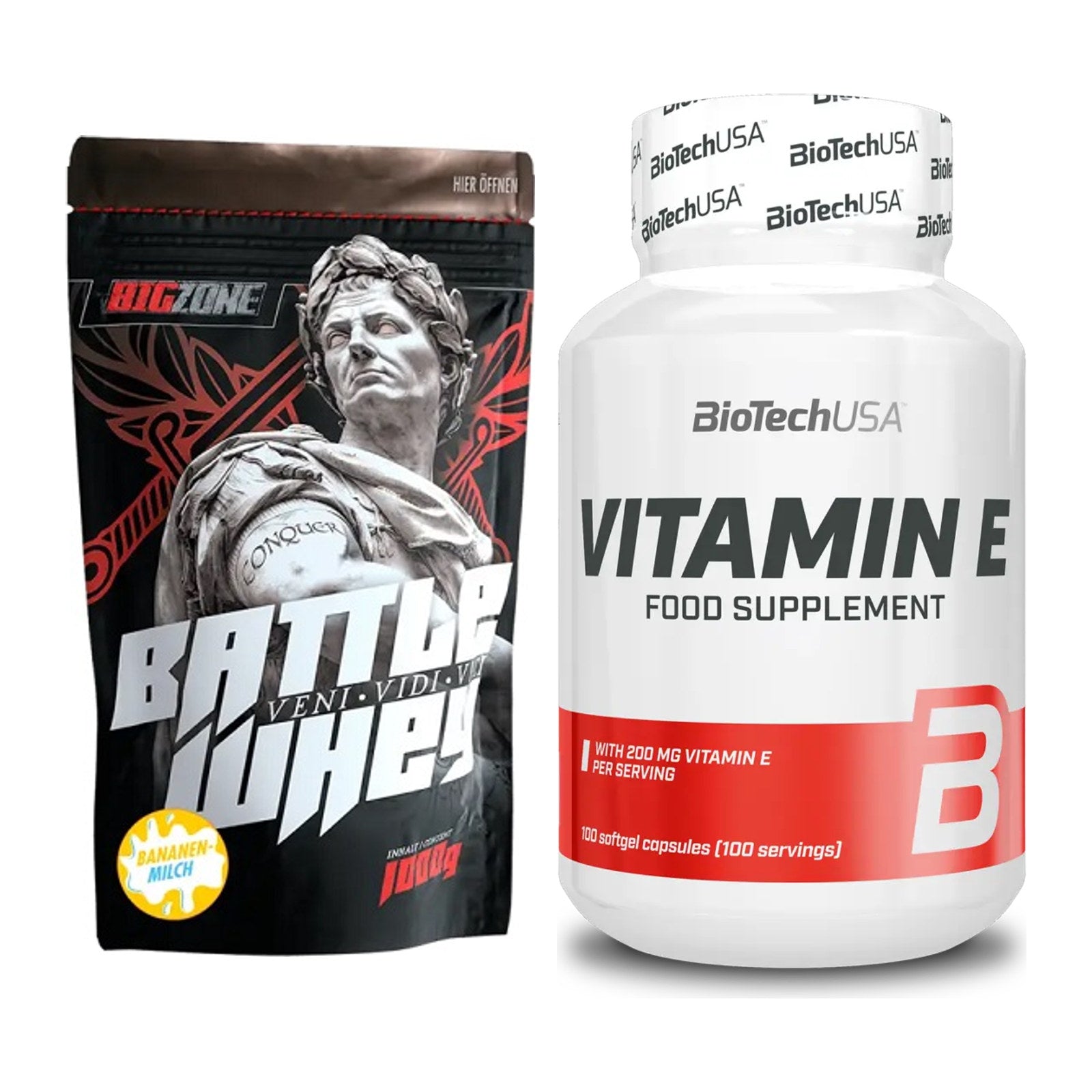Basis-Set: Big Zone Battle Whey + BioTech Vitamin E 100 Softgelcaps – alle enthaltenen Artikel