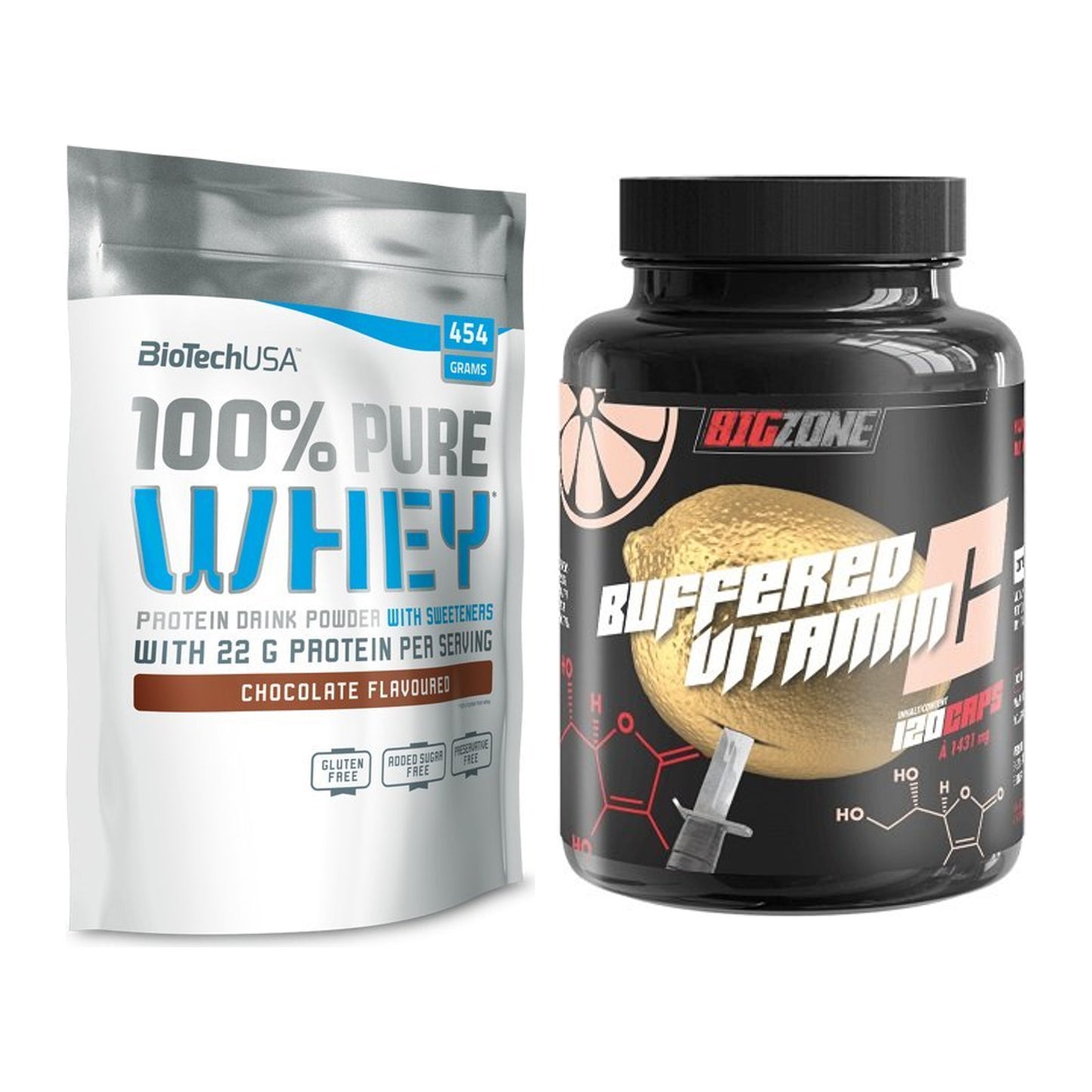Basis-Set: BioTech 100% Pure Whey + Big Zone Buffered Vitamin C – alle enthaltenen Artikel