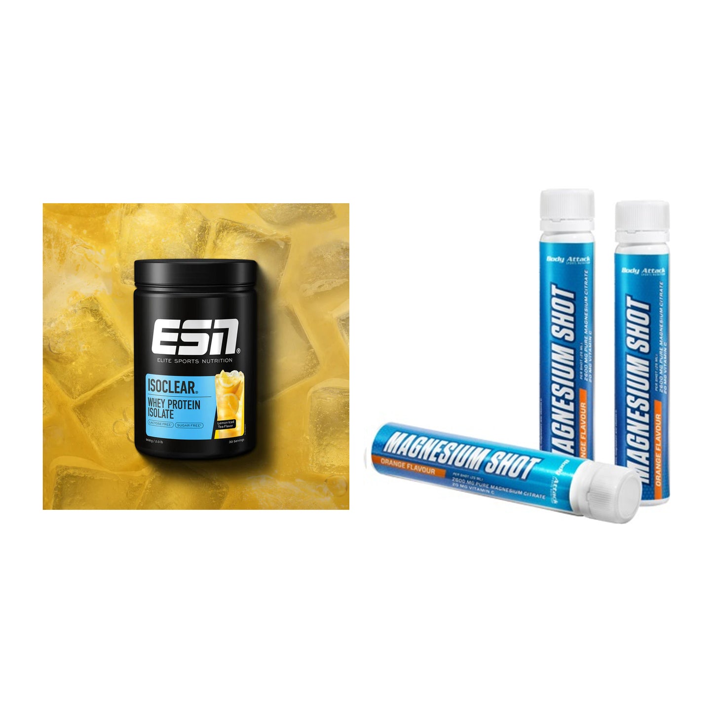 Basis-Set: ESN ISOCLEAR Whey Isolate + Body Attack Magnesium Shots – alle enthaltenen Artikel
