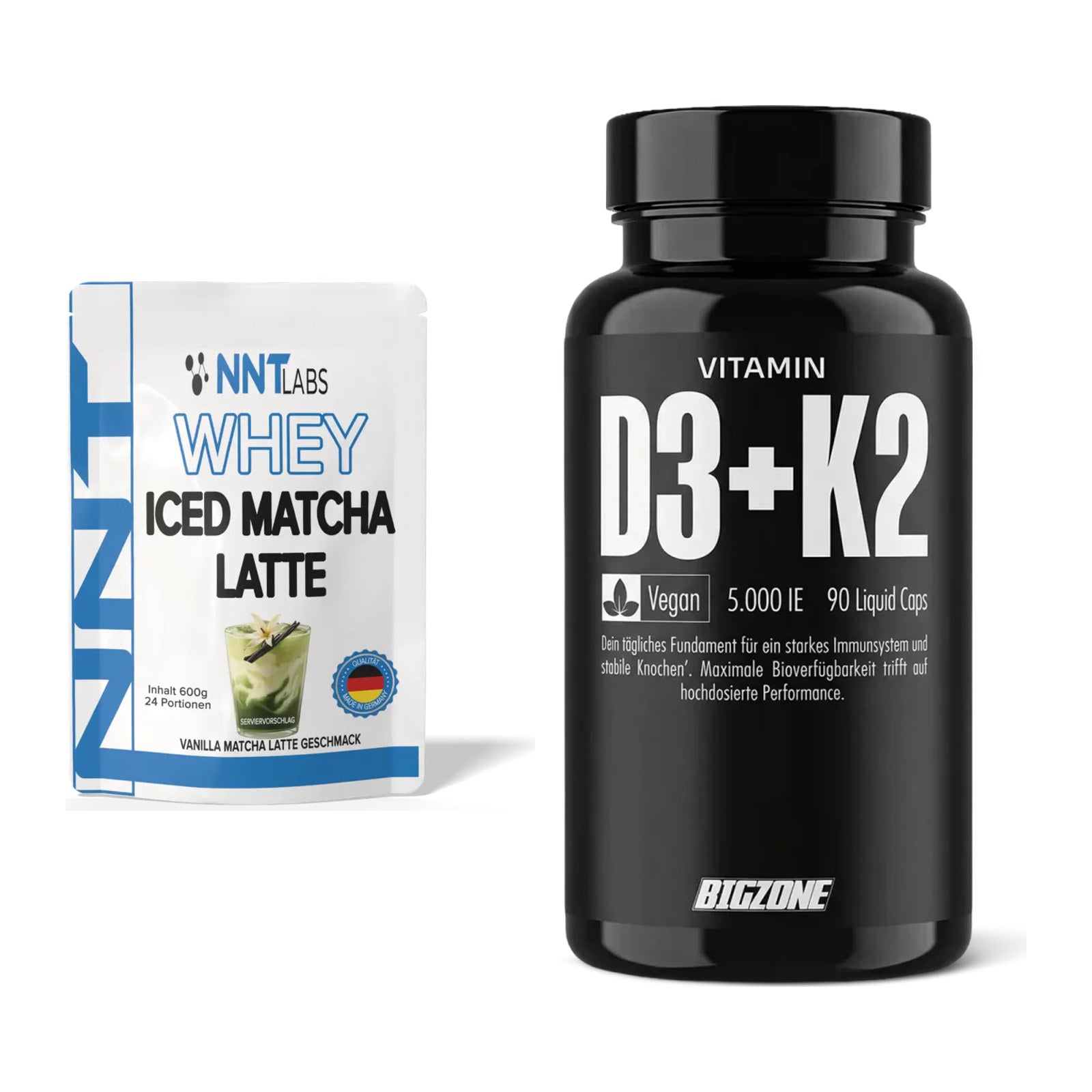 Basis-Set: NNT Whey ICED MATCHA LATTE + Big Zone Vitamin D3 + K2 – alle enthaltenen Artikel