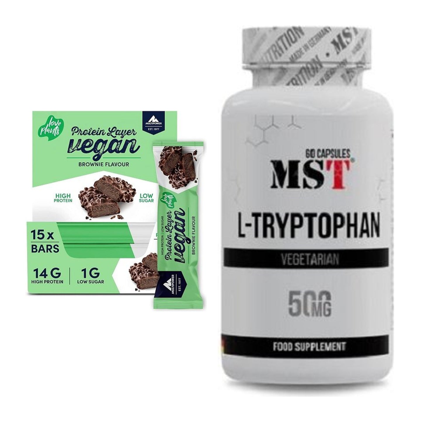 Basis-Set: Multipower Vegan Protein Layer Bar + MST Tryptophan 500mg – alle enthaltenen Artikel