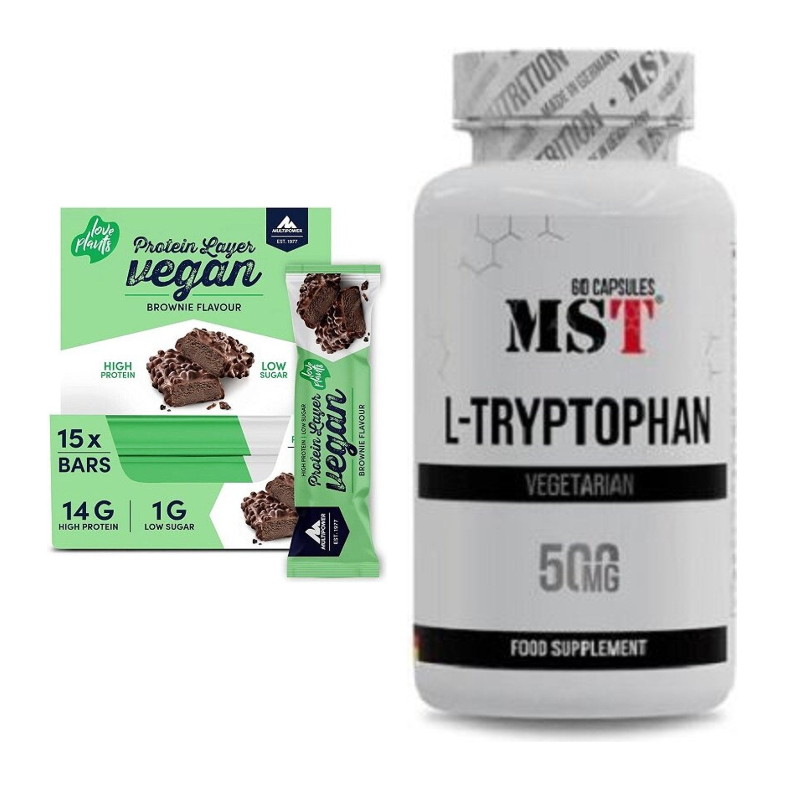 Basis-Set: Multipower Vegan Protein Layer Bar + MST Tryptophan 500mg – alle enthaltenen Artikel