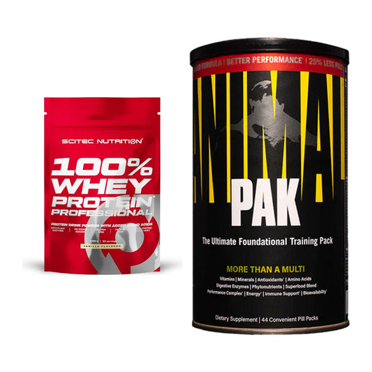 Basis-Set: Scitec 100% Whey Protein + Universal Animal Pak 44 Serv. – alle enthaltenen Artikel