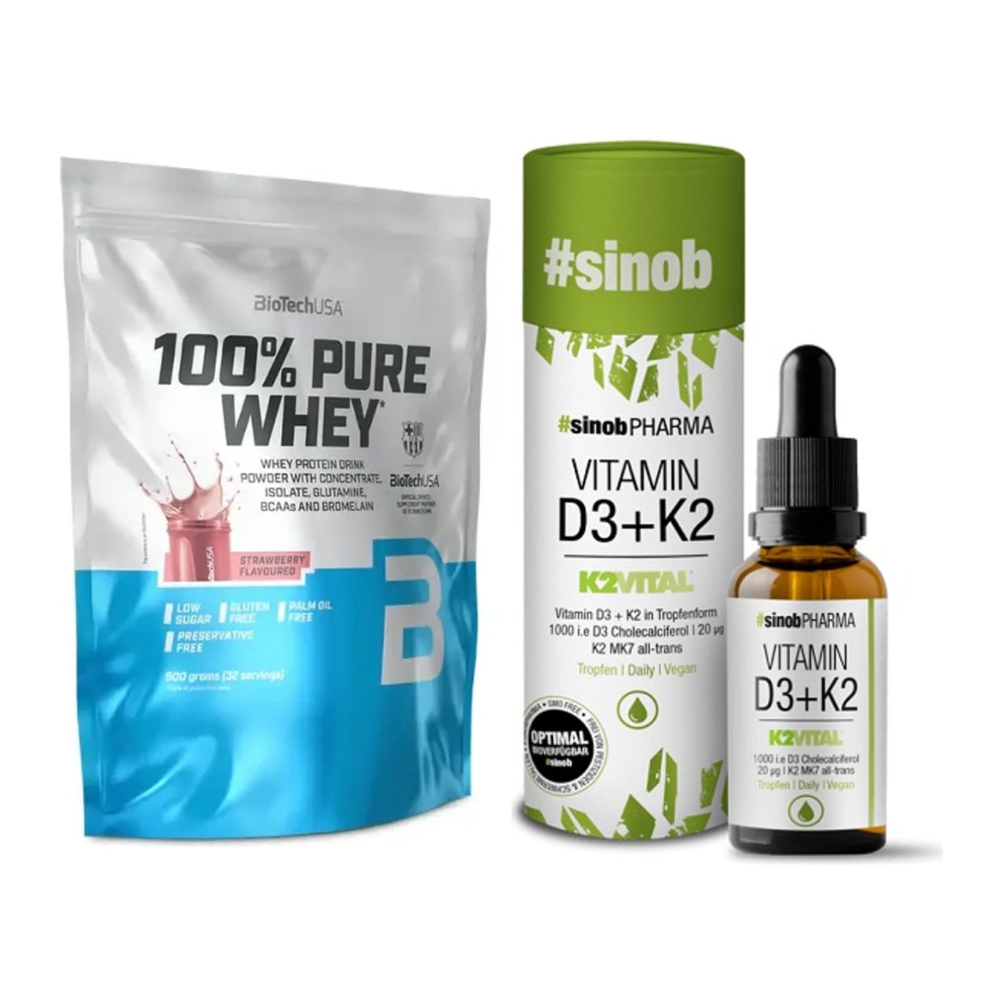 Basis-Set: BioTech 100% Pure Whey + Sinob Vitamin D3 + K2 Tropfen – alle enthaltenen Artikel