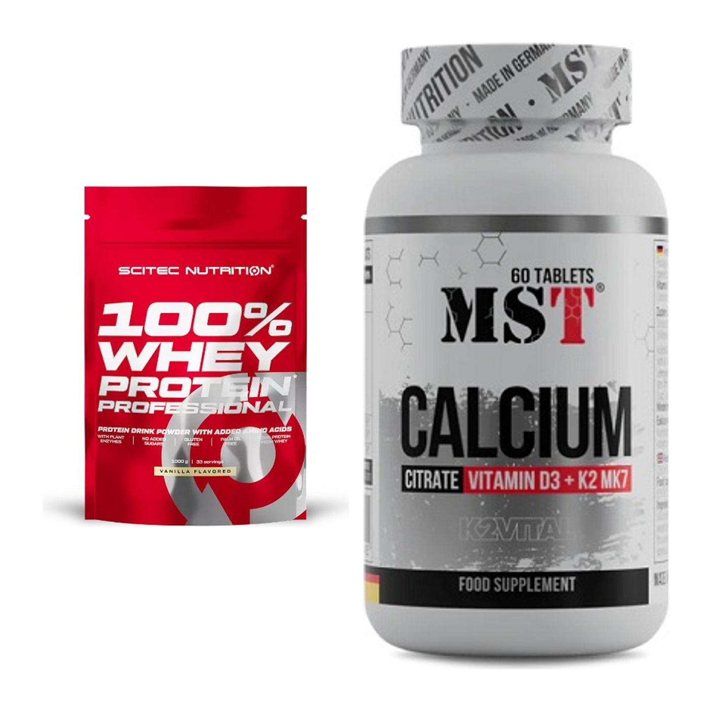 Basis-Set: Scitec 100% Whey Protein + MST Calcium Citrate D3 + K2Vital – alle enthaltenen Artikel