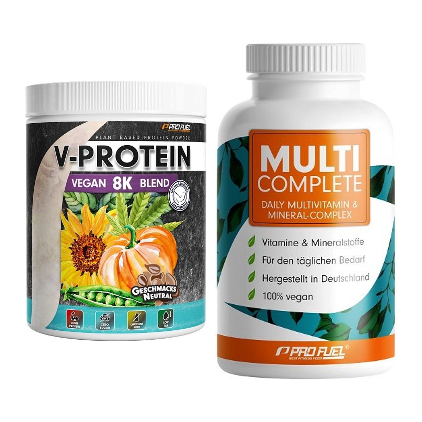Basis-Set: ProFuel V-Protein Vegan 8K Blend + ProFuel MULTI COMPLETE – alle enthaltenen Artikel