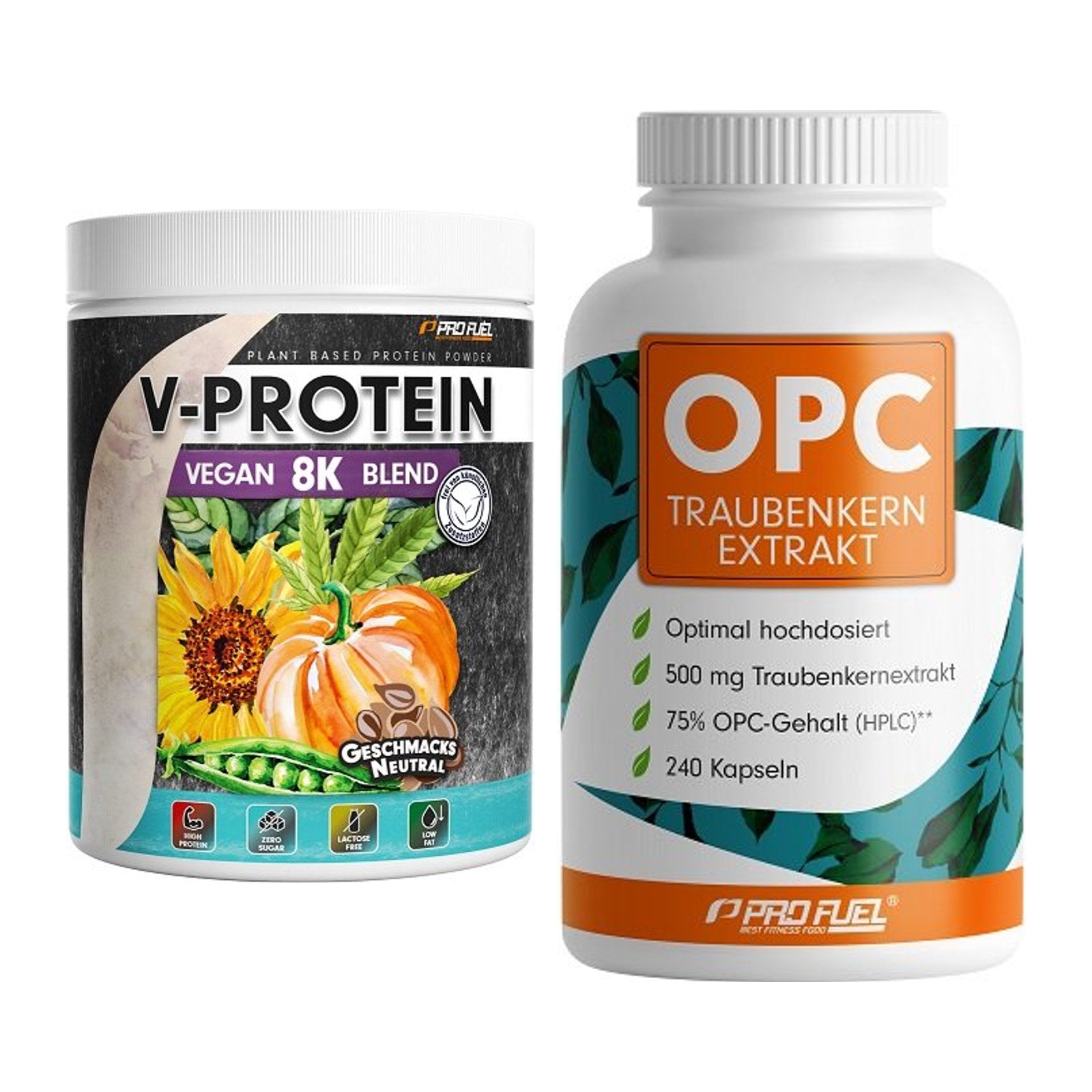 Basis-Set: ProFuel V-Protein Vegan 8K + ProFuel OPC Traubenkernextra – alle enthaltenen Artikel