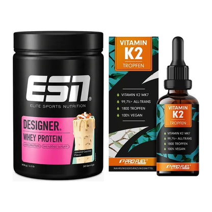 Basis-Set: ESN Designer Whey + ProFuel Vitamin K2 (1800 Tropfen) – alle enthaltenen Artikel