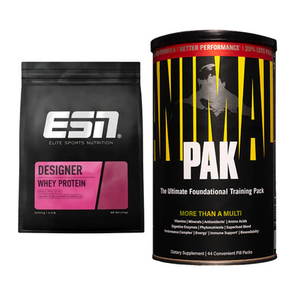 Basis-Set: ESN Designer Whey + Universal Animal Pak 44 Serv. – alle enthaltenen Artikel