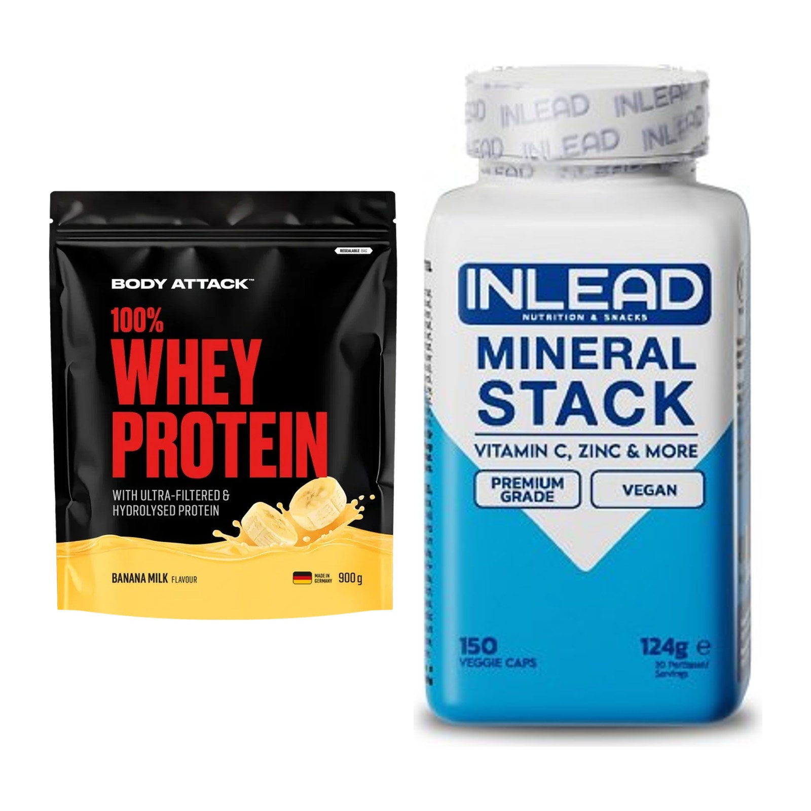 Basis-Set: Body Attack 100% Whey Protein + INLEAD Mineral Stack – alle enthaltenen Artikel