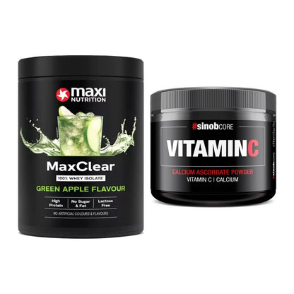 Basis-Set: MaxiNutrition MaxClear 100% + Sinob Vitamin C Calcium – alle enthaltenen Artikel